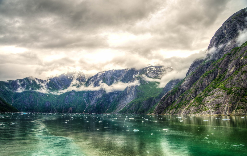 rocks, near, waterfront, reflection, snow, water, ice chunks, no people, snowcapped mountain, icy, cloud - sky, nature, tracy arm fjord, mountain range