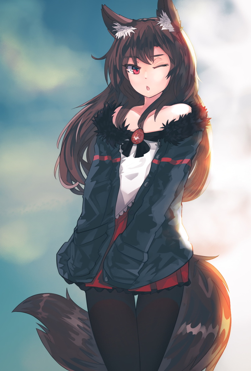 wink, Anime, 2K, brown hair, animal ears, touhou, imaizumi kagerou, tail
