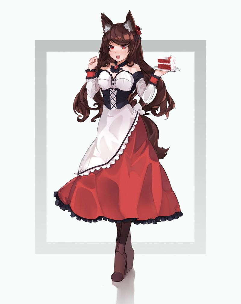 red eyes, anime girls, long hair, tail, Touhou, brunette, anime, animal ears, Imaizumi Kagerou, 1080P, dress