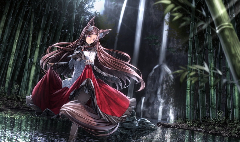 hairstyle, full length, water, plant, nature, rain, adult, young adult, one person, standing, dress, touhou, religion, 1080P, land, tree, waterfall, woodland