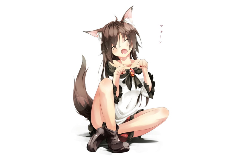 animal, white, imaizumi, 1080P, wolfgirl, tail, ears, (bun0615), fang, skirt, blush, boots, kagerou, gorilla, hair, touhou, long