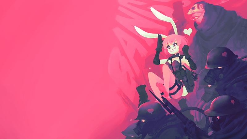 gas masks, love, bunny suit, 1080P, simple, pink, gun
