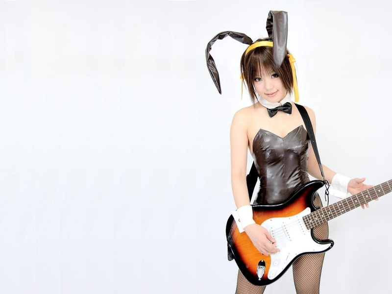 bunny, guitar, asians, cosplay, ears, 720P, guitars, women, suit, white, kipi