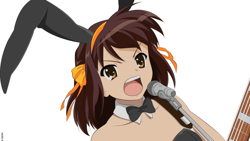 bunny, Suzumiya Haruhi, music, art, bare, suzumiya, background, animal ears, haruhi, hd, bunny suit, ears, bare shoulders, shou, simple background, entertainment