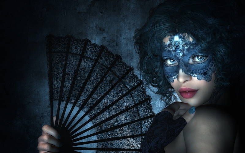venetian masks, teal hair, fans, women, 1080P