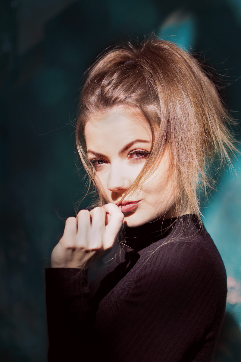 young adult, hairstyle, focus on foreground, 5K, long, one person, lost, hot girl, hair, teal, serios face, posing, minimal portrait, hot, hd