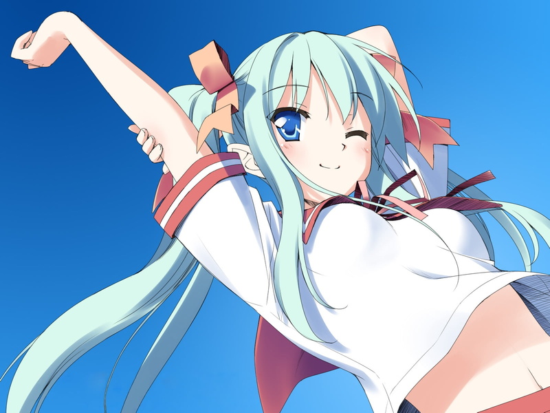 peko, teal, day, haired, low angle view, 720P, wink, symbol, sunlight, seifuku, anime, striped, emotion, sunny, girl, female, communication