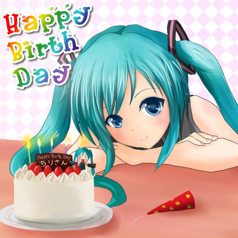 teal, people, blue eyes, dessert, indoors, cute, birthday candles, hachune miku, event, anime, birthday cake, female, cake, temptation, baked, inscription