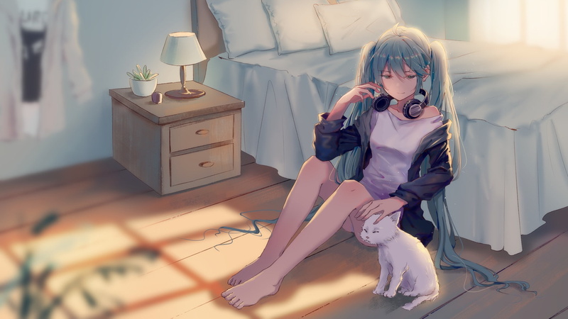 Shrug, Bedroom, twintails, Anime Girls, Hatsune Miku, Teal Hair, Pillow, bed, brunette, Barefoot, headphones, Long Hair, blue eyes, 1080P, Lamp, cat