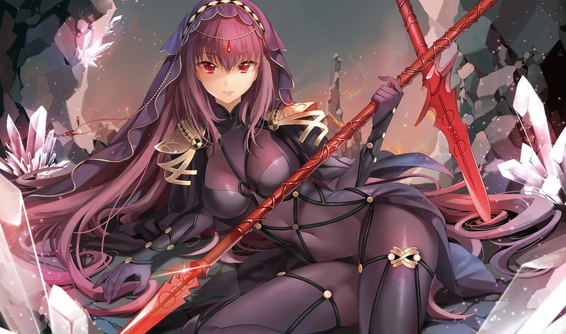 bodysuit, red eyes, long hair, 1080P, weapon, anime, FateGrand Order, anime girls, Scathach ( FateGrand Order )