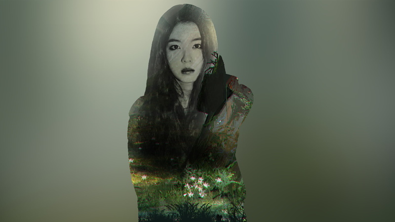front view, Asian, colored background, looking at camera, long hair, standing, portrait, red Velvet, indoors, studio shot, make-up, lifestyles, digital composite