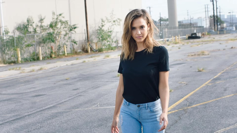brunette, glamour women, jeans, smiling, black t-shirt, dyed hair, portrait, looking at viewer, Jessica Alba, 1080P, women