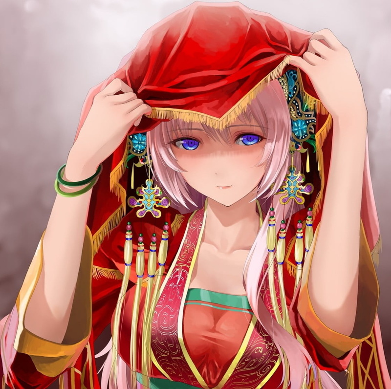 young adult, 480P, hairstyle, character, adult, fashion, female, white, Chinese dress, females, human face, studio shot, women, anime, Vocaloid, red, jewelry