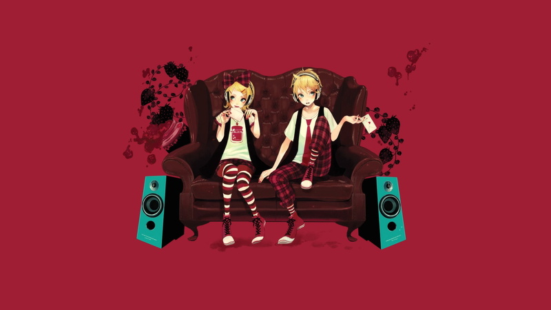 colored background, studio shot, red background, red, Vocaloid, event, chair, christmas, celebration event, Kagamine Len, human representation, Kagamine Rin