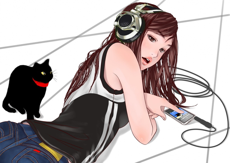 female, haired, brown, anime, character, girls, headphones, 2000x1414, 1080P, anime girls