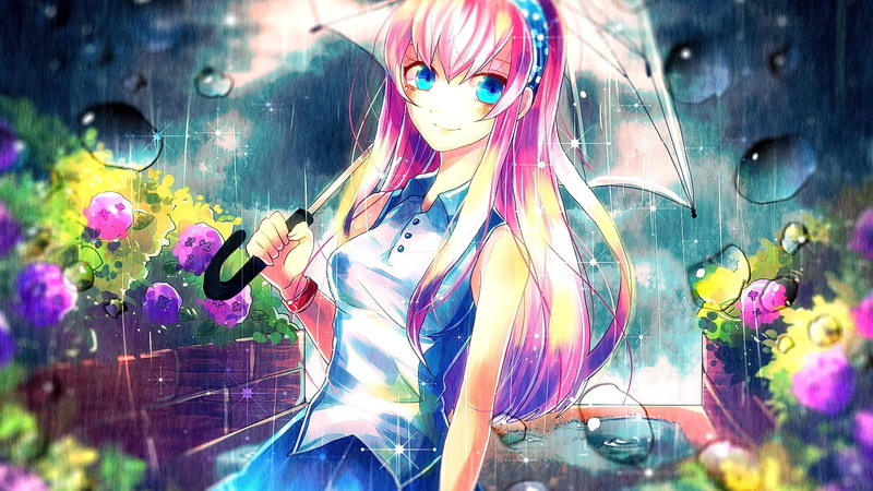 waist up, graffiti, looking at camera, anime, leisure activity, blue eyes, 1080P, umbrella, young women, lifestyles, pink hair, women, creativity, portrait