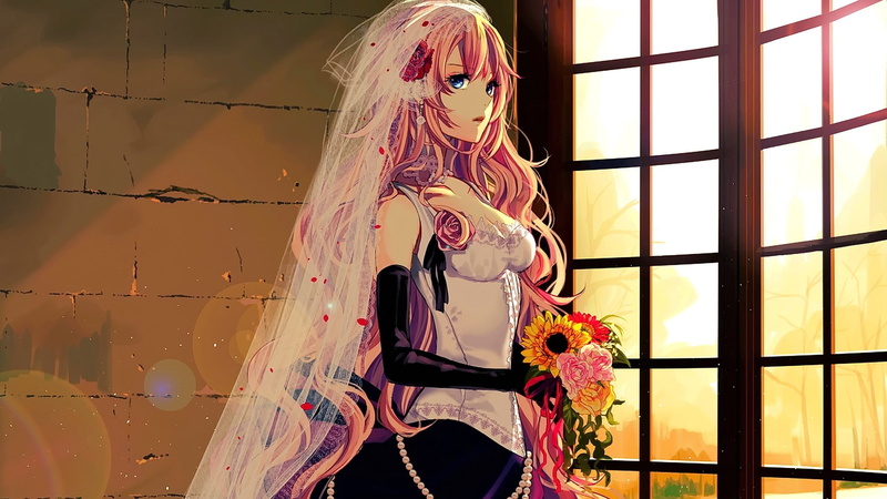 wedding dress, festival, flowers, indoors, celebration, glass - material, female likeness, built structure, nature, window, Megurine Luka, architecture
