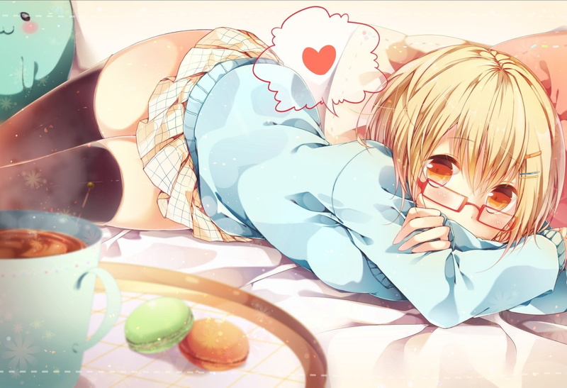 720P, anime girls, Flandre Scarlet, heart, anime, thigh-highs, meganekko, glasses, Touhou