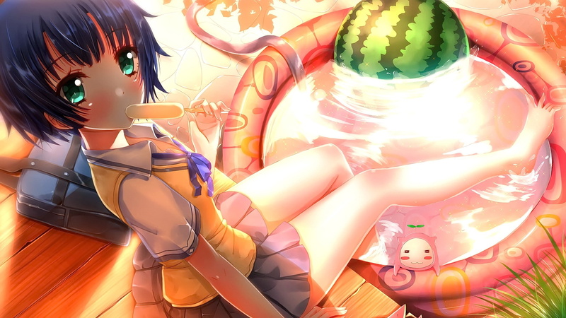 anime girls, Tanigawa Kanna, watermelons, schoolgirl, short skirt, Ano Natsu de Matteru, brunette, ice cream, short hair, green eyes, looking at viewer