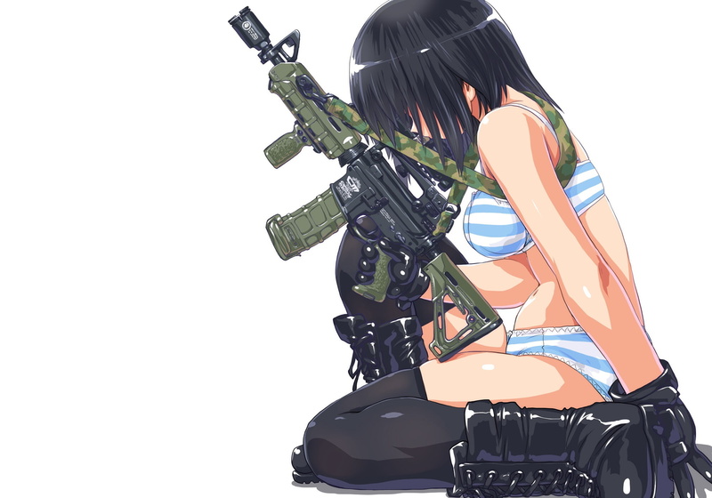 weapon, 1080P, bra, boots, thighhighs, panties, tagme, striped, original, underwear, gloves, gun