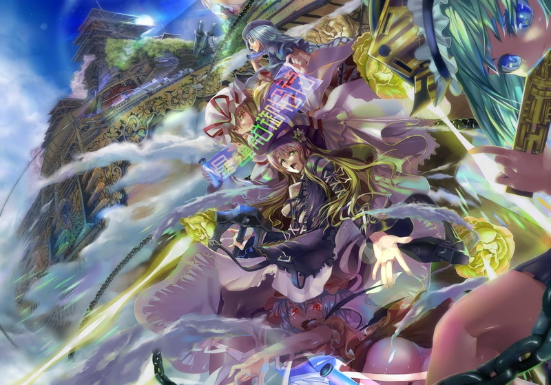 dress, hair, fang, red, wings, building, hat, chain, blue, green, group, panties, touhou, unzan, eyes, 720P, houen, underwear, short, long