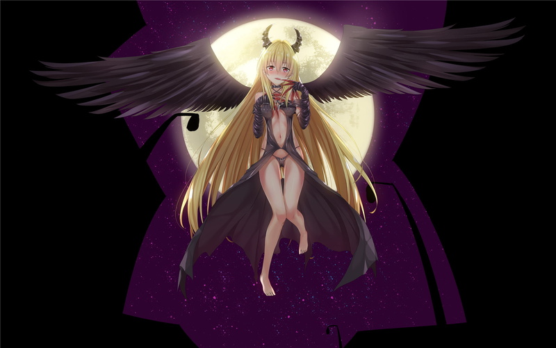 stars, com, golden, (artist), blonde, navel, night, blush, hair, long, tagme, eyes, panties, love, konachan, wings, barefoot, horns, pink, underwear, 255736