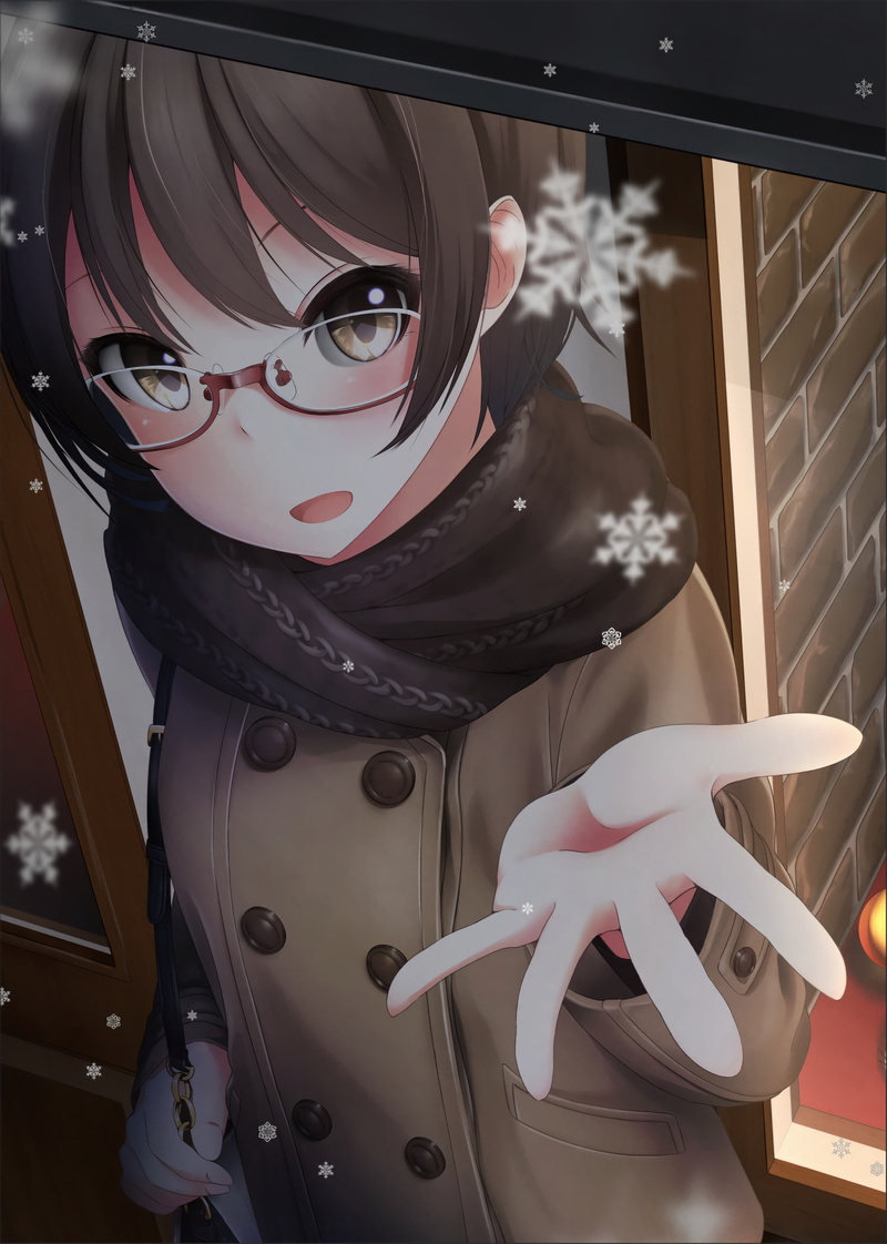 brown hair, anime girl, 1080P, meganekko, scarf, snowflake, Anime
