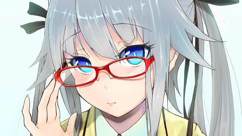 twintails, 1080P, Bishoujo Mangekyou, school uniform, glasses, closeup, Kagarino Kirie, meganekko, bangs, solo, silver hair, black ribbons, anime girls