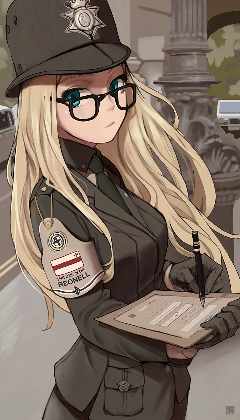 police, hat, blue eyes, blonde, long hair, 1080P, meganekko, uniform, glasses, anime girls, anime