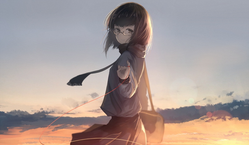 sunset, sunlight, sky, front view, women, sun, land, hairstyle, leisure activity, nature, standing, three quarter length, meganekko, short hair, cloud - sky