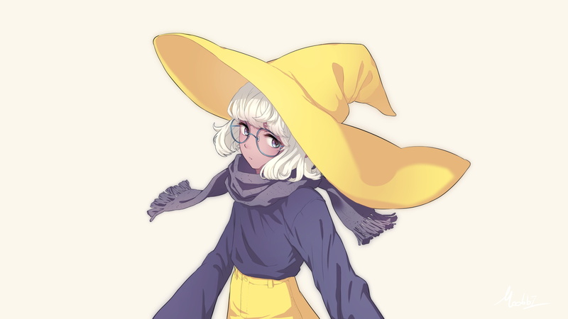 meganekko, 4K, females, scarf, studio shot, glasses, blond hair, beauty, fashion, beautiful woman, witch hat, women, one person, clothing, white hair