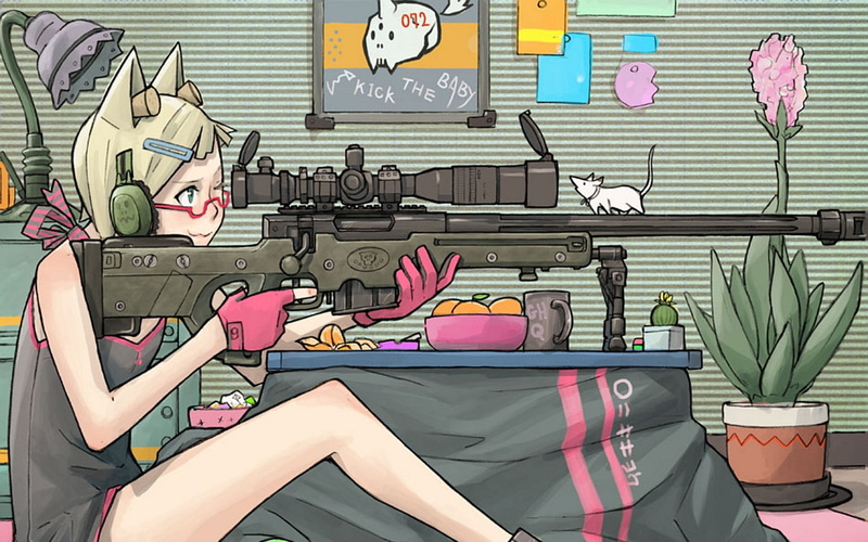 rifles, animal, nekomimi, sniper, characters, weapons, hd, original, cats, meganekko, ears, art, animals, girls, glasses, snipers, 720P, anime