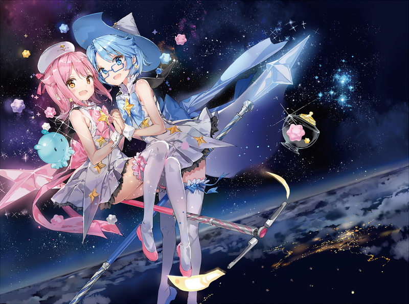 nature, outdoors, no people, digital composite, night, sky, smiling, 720P, stars, illuminated, astronomy, mid-air, galaxy, staff, motion, Anime, anime girls
