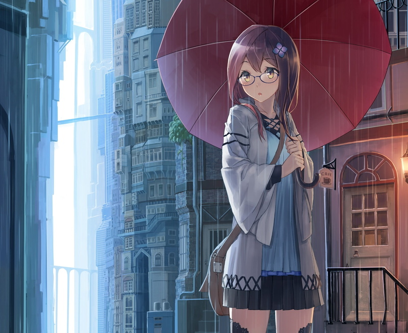 umbrella, holding, raining, digital composite, three quarter length, beautiful woman, buildings, architecture, building exterior, skyscraper, adult, anime girl