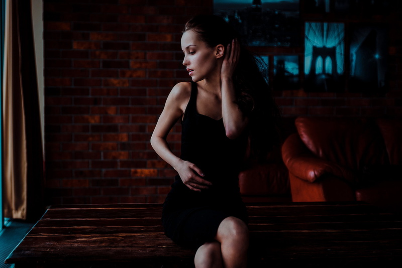 wall, looking away, 1080P, table, women, bricks, sitting, black dress, Fenix Raya