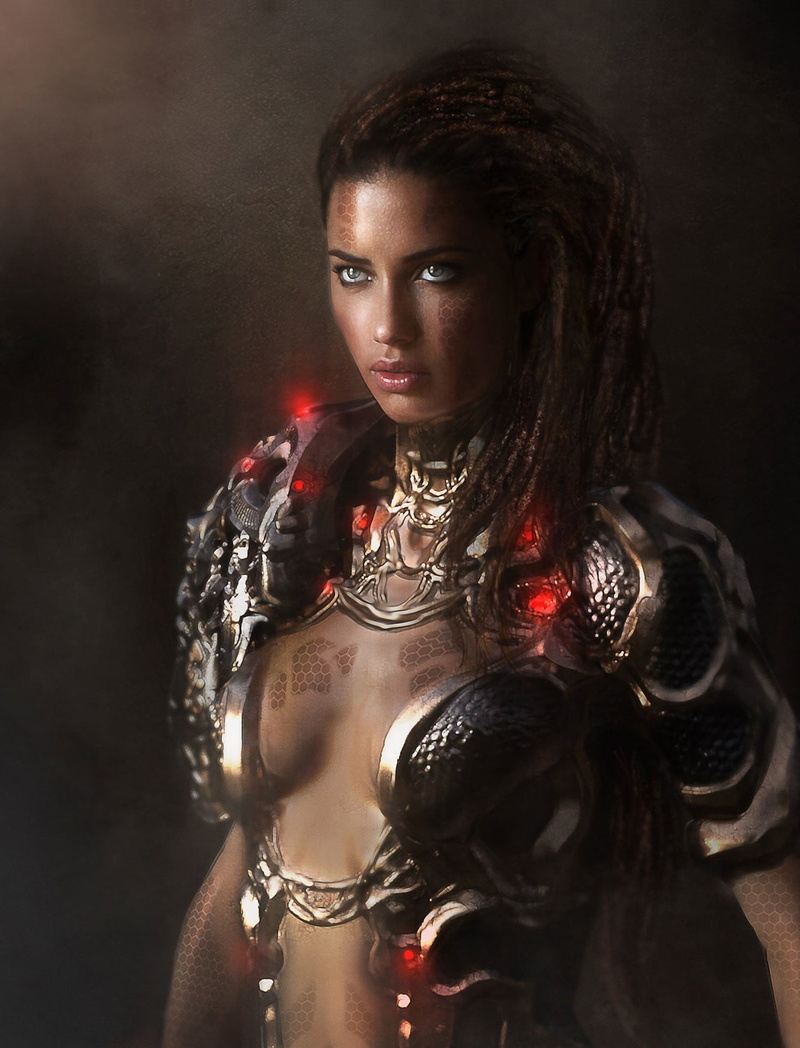 portrait, women, warrior, jewelry, cleavage, beauty, young adult, black background, drawing, long hair, armor, hair, beautiful woman, brunette, front view