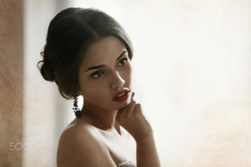 looking, headshot, beauty, 1080P, hairstyle, long hair, face, women, brunette, indoors, red lipstick, adult, semi-dress, black hair, young women, contemplation