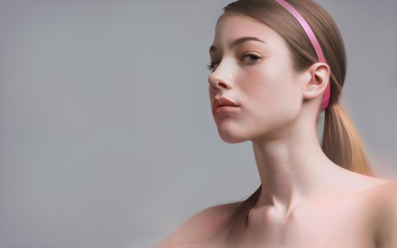 indoors, drawing, teenager, young adult, contemplation, copy space, studio shot, headshot, gray, model, shirtless, adult, young women, beauty, hairstyle