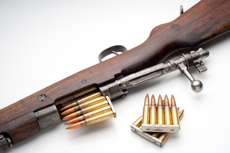 gun, rifle, close-up, bullet, the past, brown, white background, indoors, cut out, wood - material, old, antique, communication, cartridges, weapon, history
