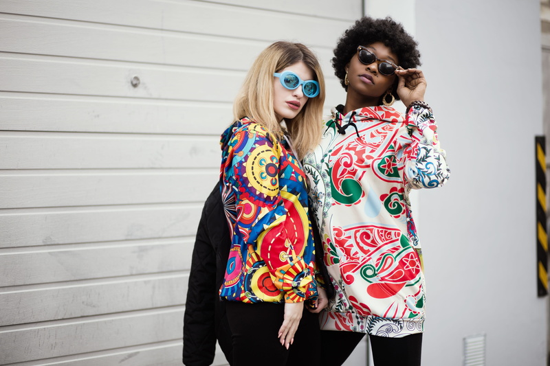 5K, women, sunglasses, design, shutter, floral pattern, three quarter length, fun, young women, near, two, adult, hairstyle, colors, hair, happiness, diversity