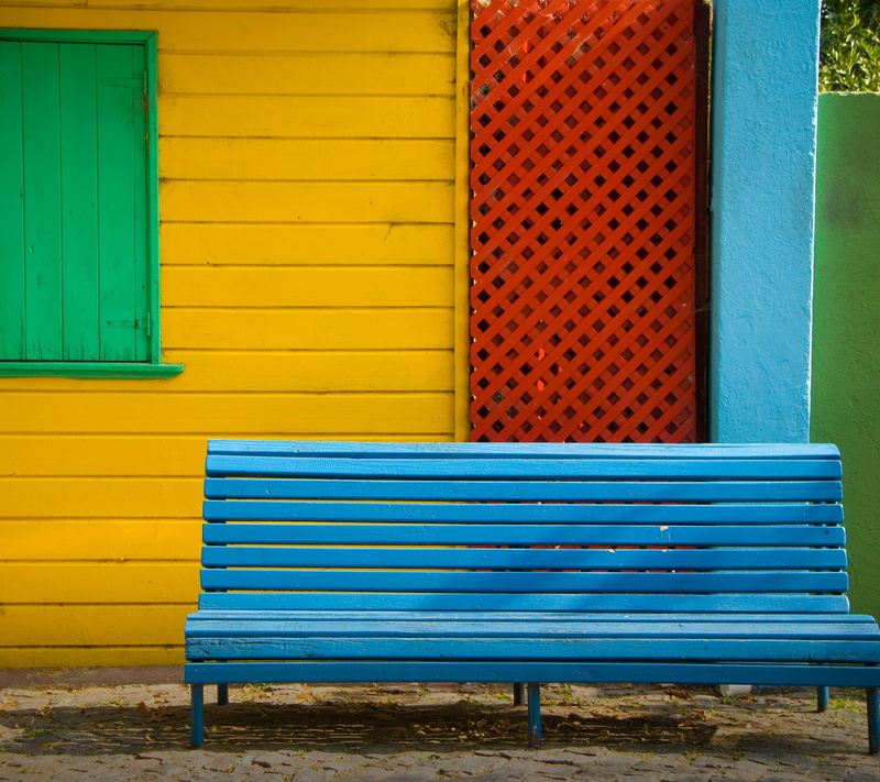 outdoors, chair, yellow, architecture, shutter, bench, day, Motorola, 1080P, no people, blue, empty, multi colored, building exterior, wood - material