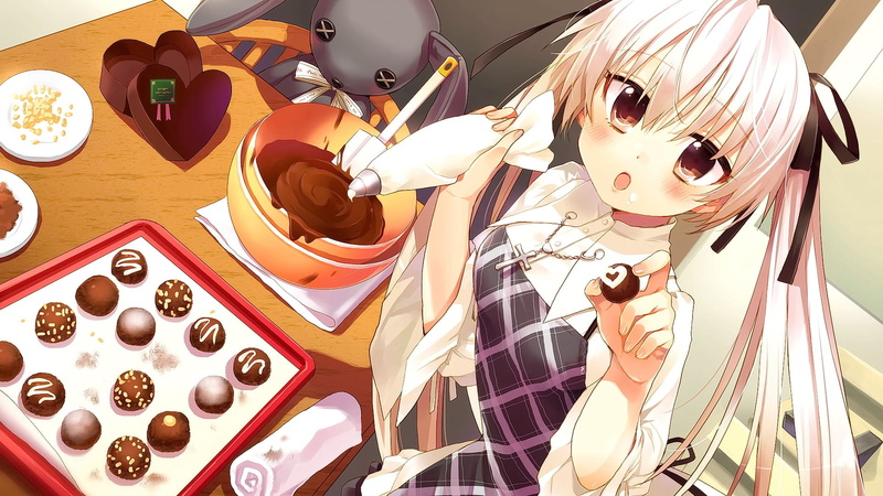 looking at viewer, creativity, art and craft, high angle view, anime girls, mask - disguise, food, toy, candies, human representation, Yosuga no Sora, craft