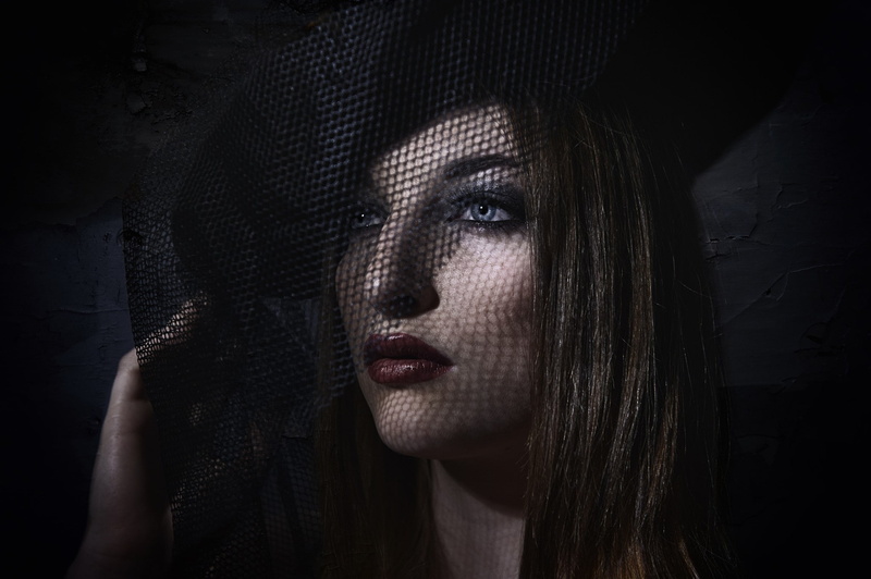 horror, human body part, indoors, young women, witch, hairstyle, black background, one person, fear, gothic style, looking at camera, adult, veils, 1080P