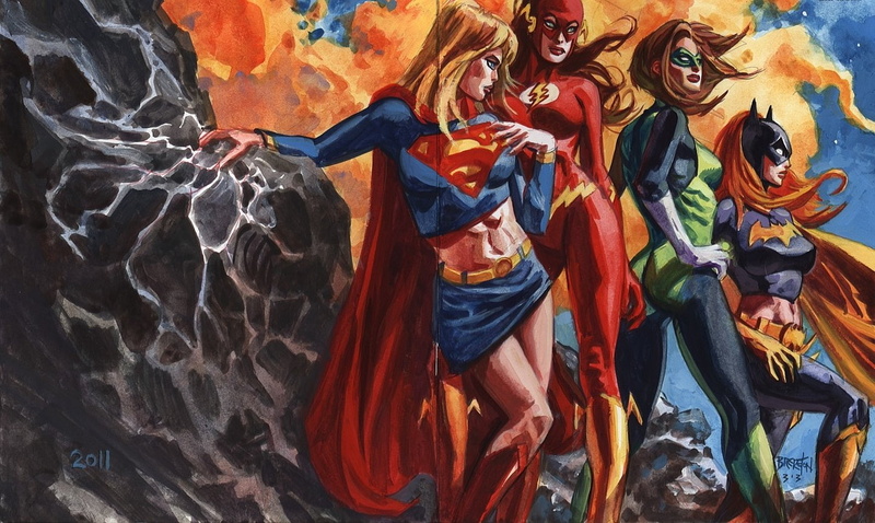 dc, Flash, DC Comics, Justice League, four, Batgirl, illustration, Supergirl, 720P, heroes, Comics, super, Green Lantern