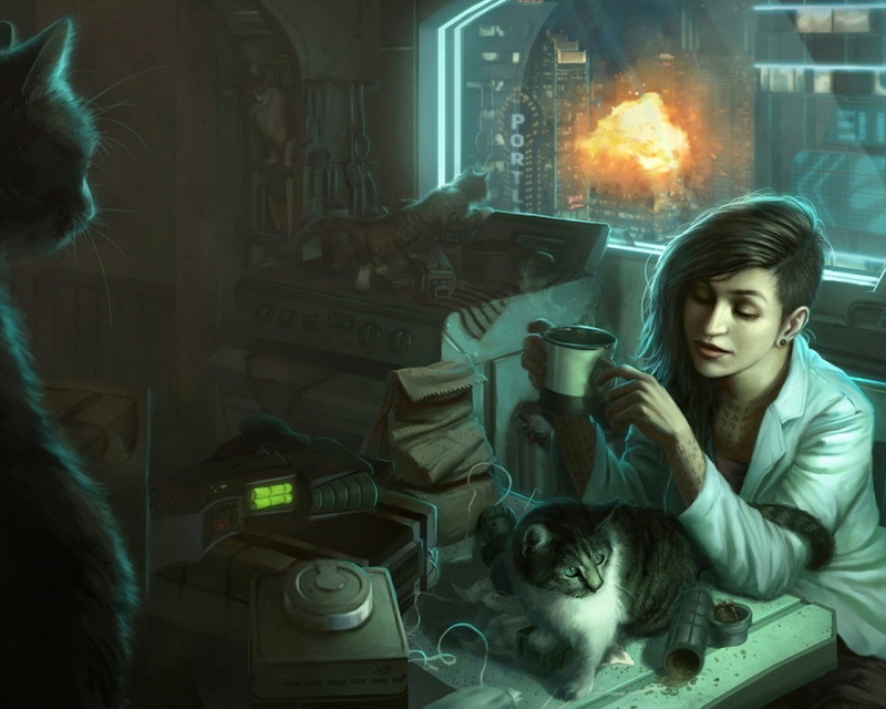 cats, futuristic, woman, cyberpunk, 720P