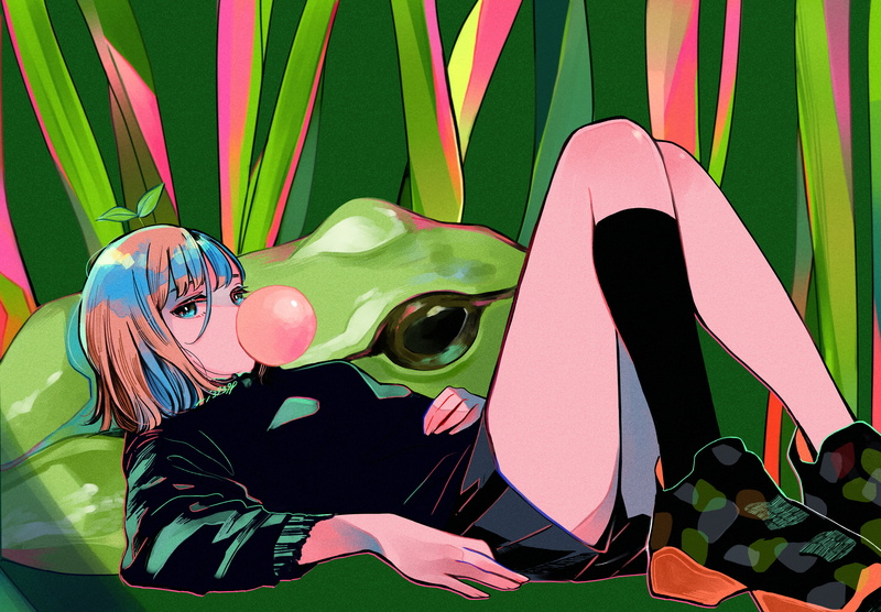 chewing gum, looking at viewer, short hair, aqua eyes, lying down, anime girls, black shirt, bubble gum, aqua hair, 4K, frog, anime, pink hair, socks