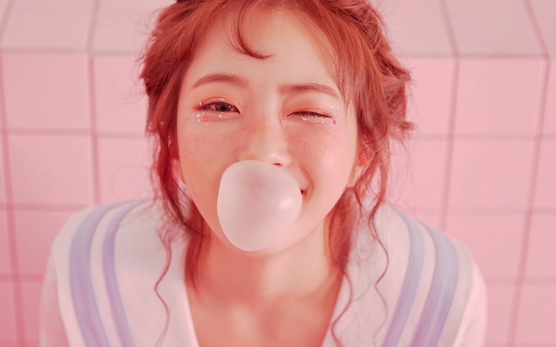 one person, innocence, fun, headshot, beautiful woman, hairstyle, lifestyles, kpop, looking at camera, 4K, adult, women, girl, redhead, young adult, bubble gum