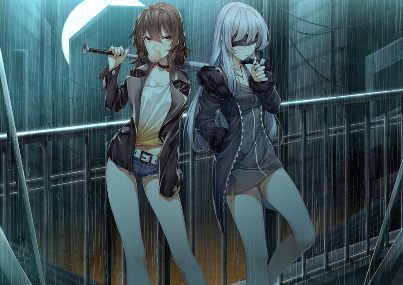 short pants, digital art, artwork, portrait, yellow eyes, anime, long hair, white hair, cigarettes, anime girls, jacket, bubble gum, city, 4K, brunette