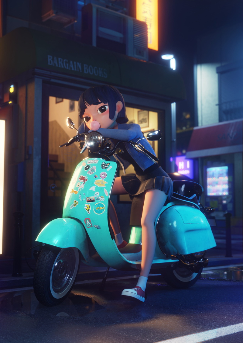 artwork, 2K, portrait display, bubble gum, outdoors, young woman, large eyes, CGI, sitting, digital painting, short hair, women, 3D, scooters, digital