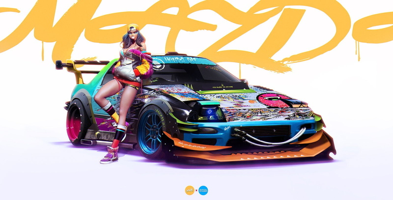 Bubble Gum, 720P, Colorful, digital art, Racing, car, Women With Cars